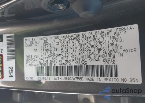 2014 Toyota Tacoma Prerunner V6 из США, поврежденный, VIN 3TMKU4HN7EM041010